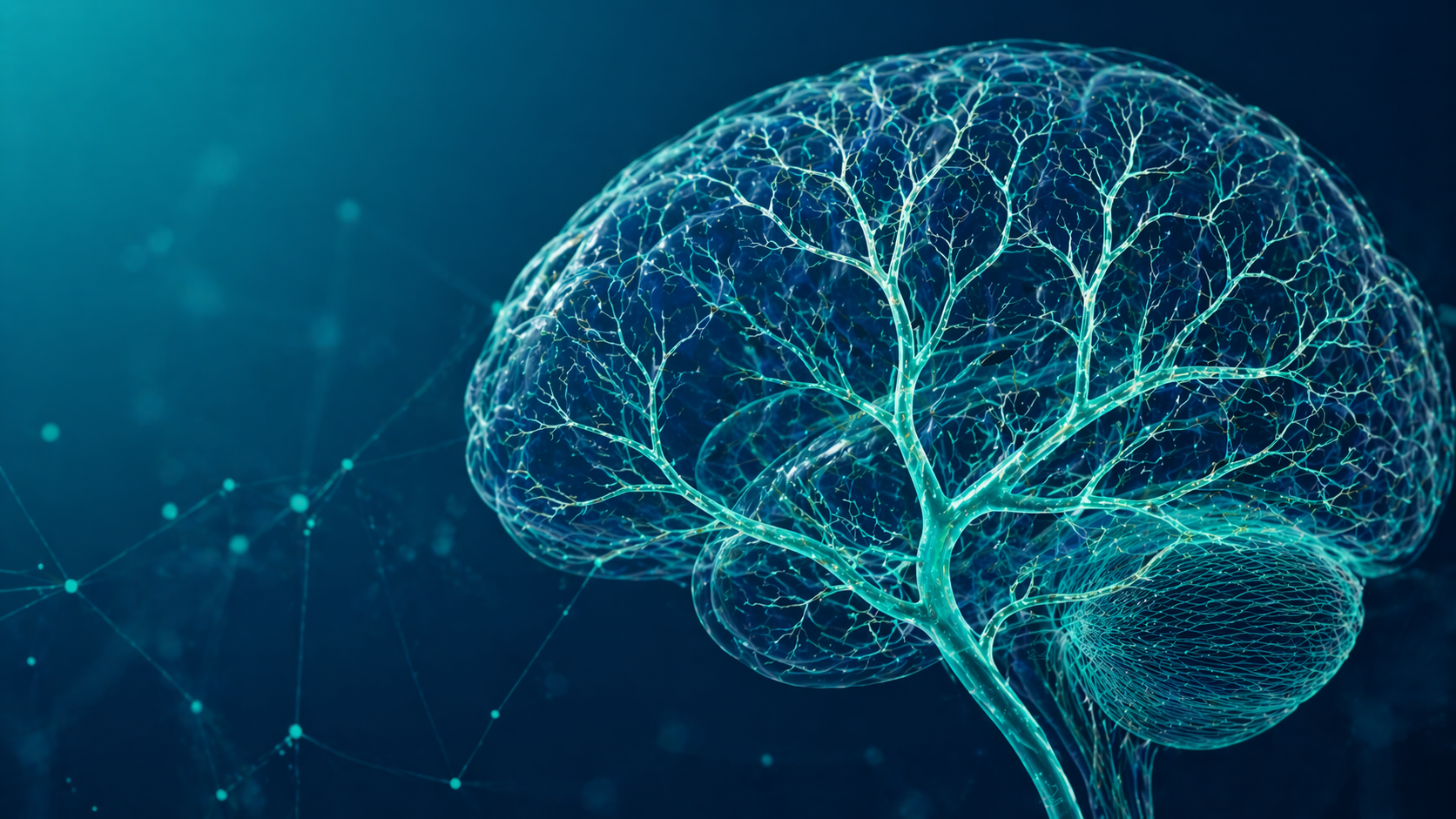 Detailed view of cerebral blood vessels rendered in deep navy, showing the small-vessel network affected by CADASIL