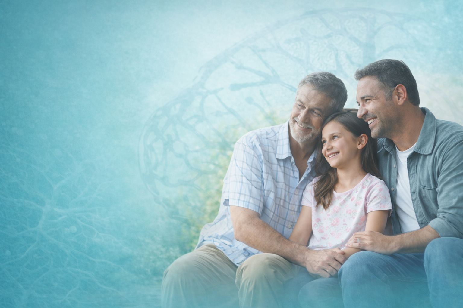 Three generations of family members illustrating inheritance, with brain blood vessels overlaid